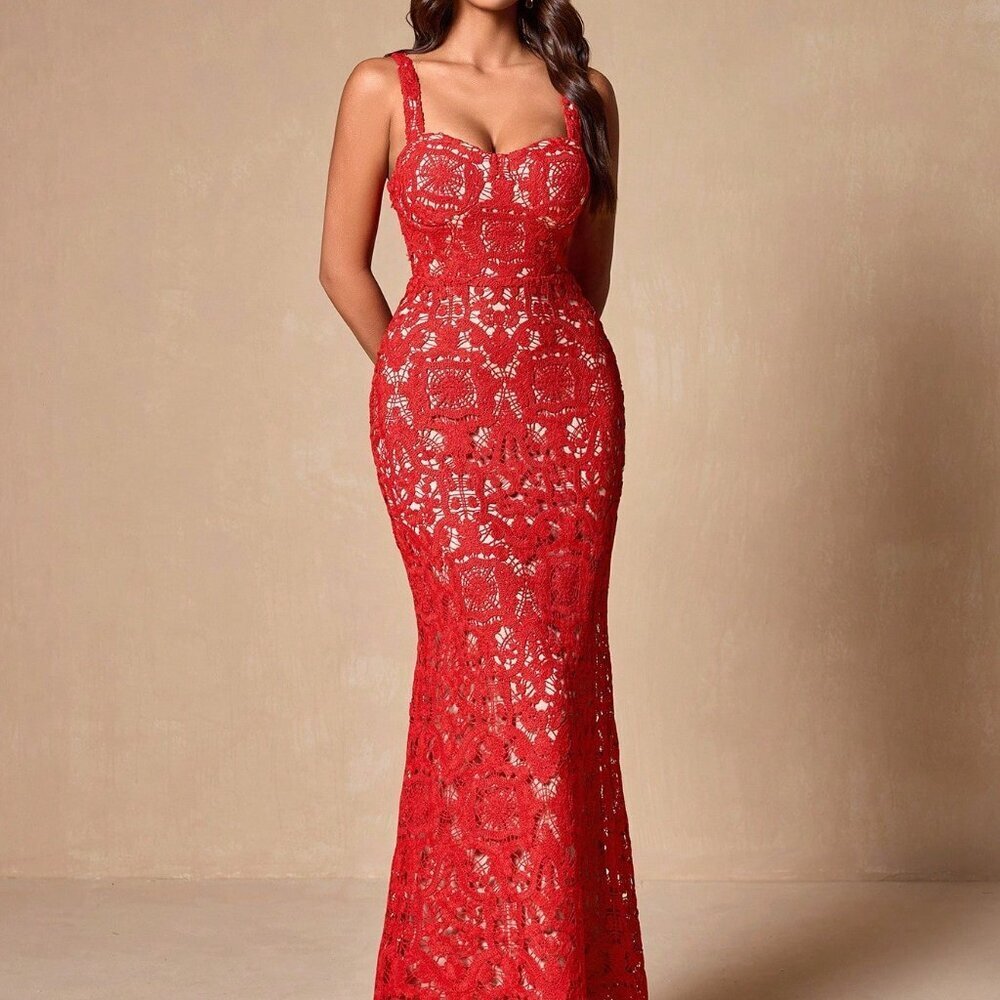 Red Elegant Women's Lace Bodycon Sleeveless Sexy Cocktail Dress - Picture 7 of 8